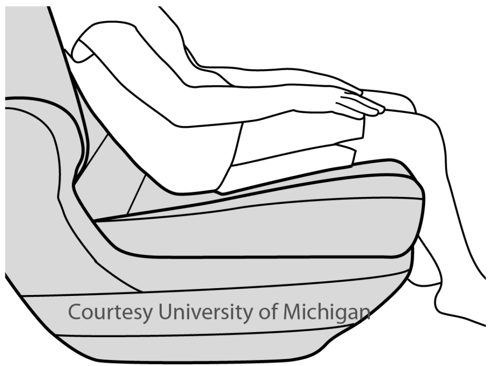 Diagram of child slouching in car seat w/o booster